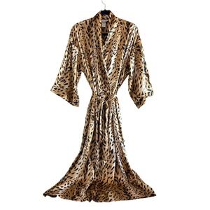 Y2K August Silk Intimates Gold Cheetah Animal Print Satin Long Kimono Robe SZ M